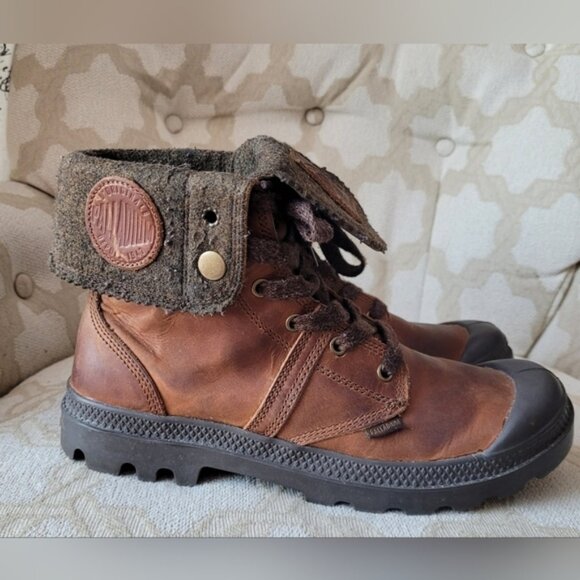 Palladium Pallabrouse Baggy Foldover Leather Boots Felt Lined Lace Up Brown 8.5 - Picture 1 of 14